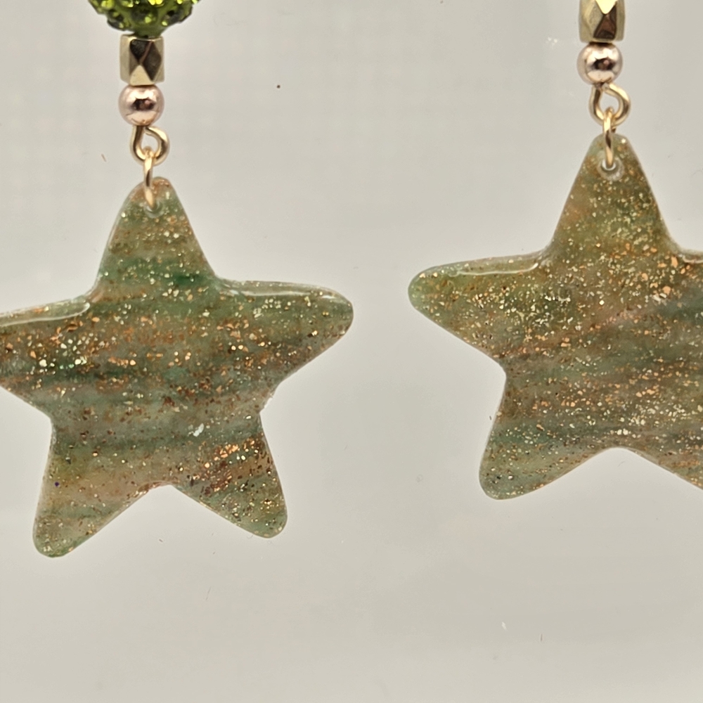 #B165  Gold and Green Star Drop Earrings - Picture 4 of 4